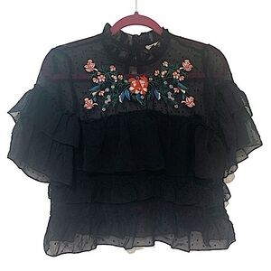 Rebellion Floral Embroidered Black Ruffle Top